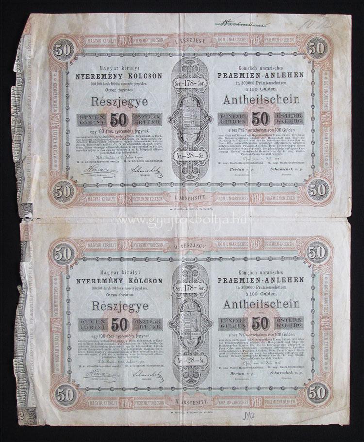 Duna Szablyozs nyeremny klcsn 50 forint 1870 Buda